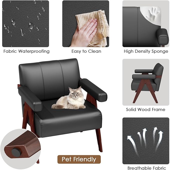 STHOUYN Black Leather Accent Chairs, Mid Century Modern Chair, Side Arm Chairs - Image 4