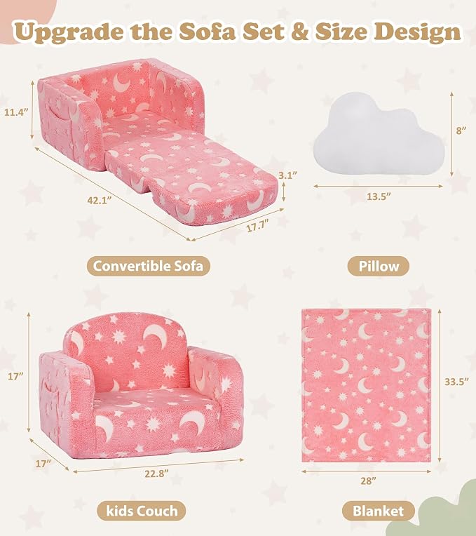 Kids Couch, 2-in-1 Soft Toddler Couch Fold Out - Image 3