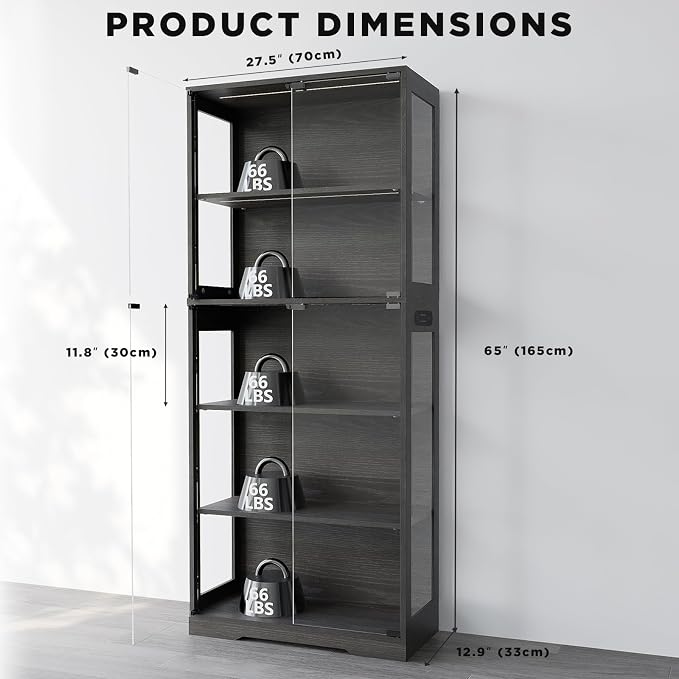 65" Tall Display Case with Glass Doors, Lighted Display Cabinet Bookcase with - Image 3
