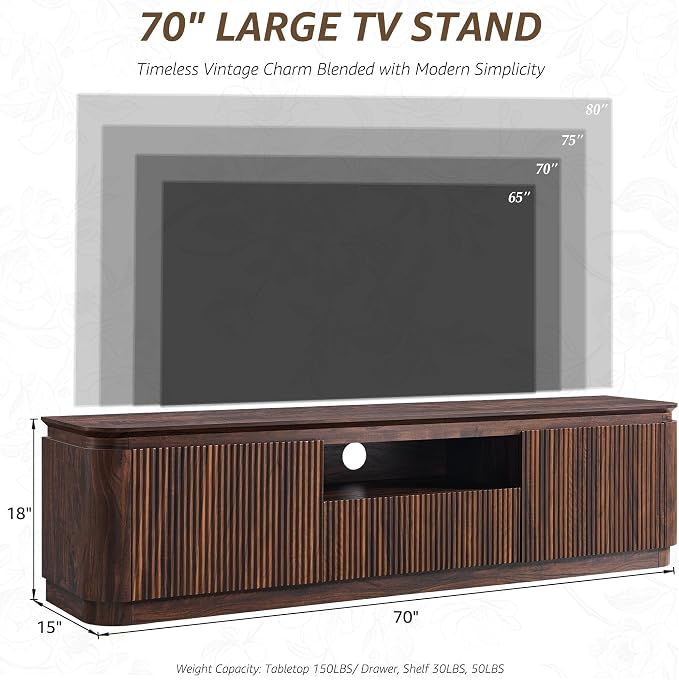 70" Fluted TV Stand for TVs Up to 80", Mid Century Modern Entertainment Center - Image 2