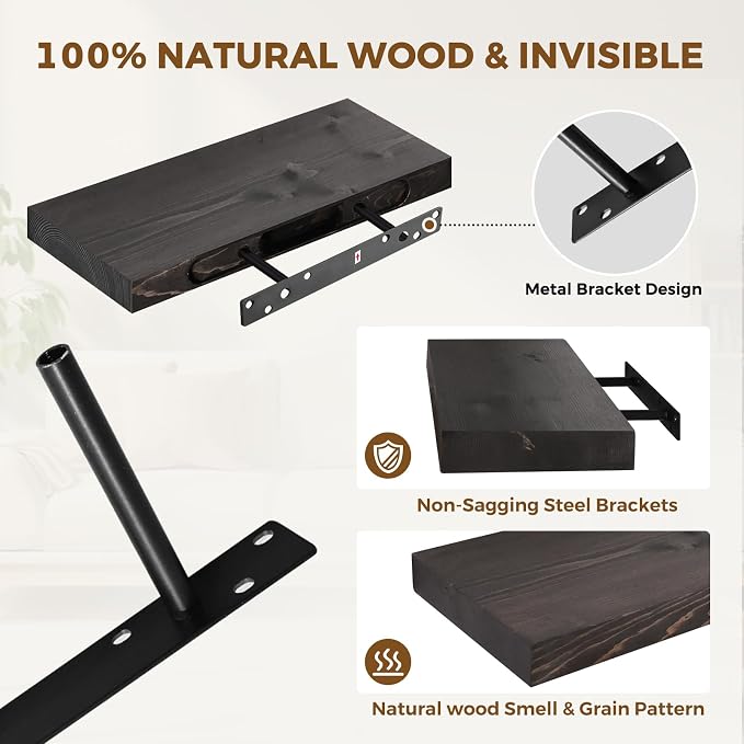 17x8x1.6 inch Floating Shelves Set of 2 – Solid Wood Rustic Black Wall Mounted - Image 4