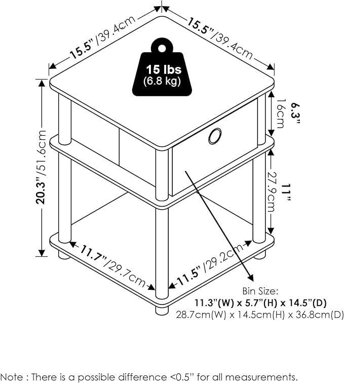 Furinno Turn-N-Tube Side Table, 3-Tier Square Modern End Table - Image 3