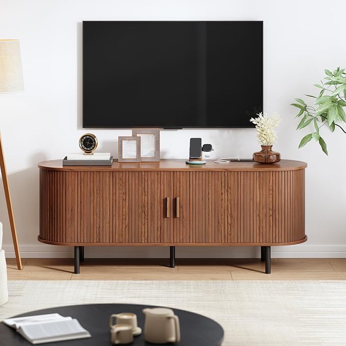 55" TV Stand with Power Outlet, Mid-Century Modern Television Stand, Fluted - Image 7