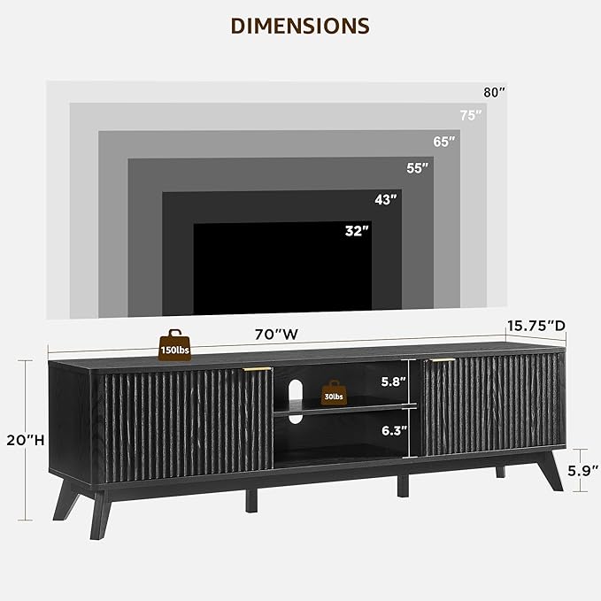 OKD 70" Mid Century Modern Fluted TV Stand, Entertainment Center, Media Console - Image 2