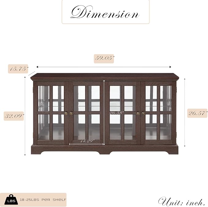 59" W LED Curio Cabinet with 7 Color Lights, Vintage Glass Display Case with - Image 2