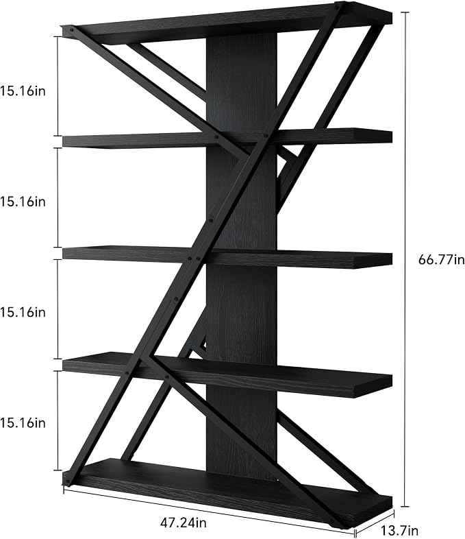 FUSUNBAO Industrial Bookshelf, Vintage 5-Tier Tall Bookcase - Image 2