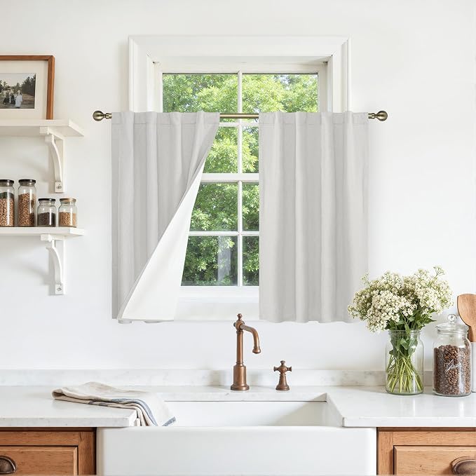 Full Blackout Linen Kitchen Window Curtains 36 Inches 2 Panels | Light Grey by LAMIT