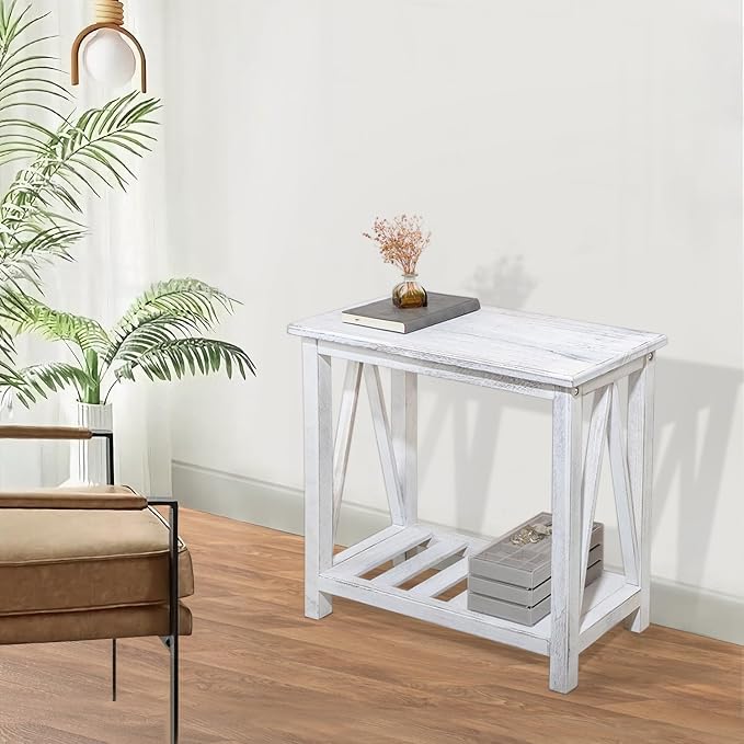Farmhouse Narrow End Table Wooden Rustic White Side Tables - Image 5