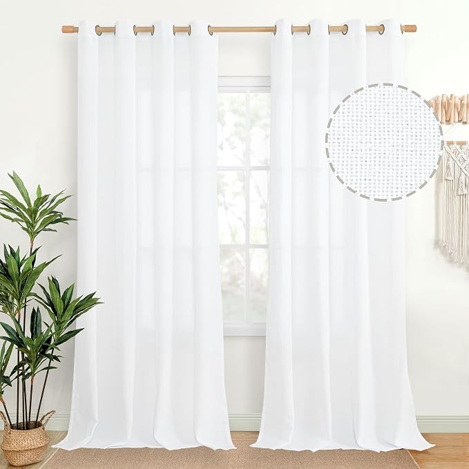 Extra Long White Linen Semi Sheer Curtains 95 inch Length by YoungsTex