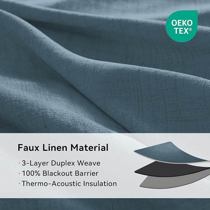 100% Blackout Linen Textured Curtains 90 Inch Long, Stone Blue | 100% Blackout - Image 4