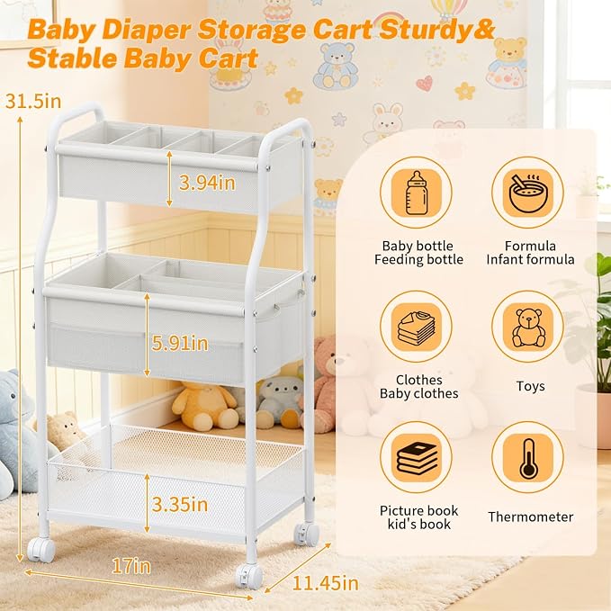 3-Tier Diaper Caddy Organizer & Rolling Cart, Metal Utility Cart - Image 7