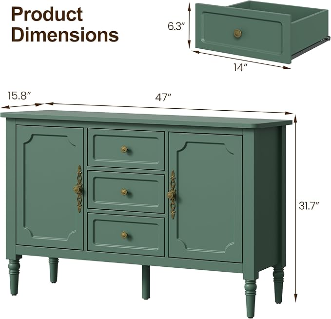 FansaFurn Green Storage Cabinet, Mid-Century Buffet Cabinet - Image 2