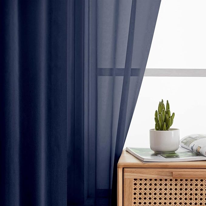 Sheer Navy Blue Curtains for Bedroom Living Room 63 Inch Length 2 Panels - Image 6