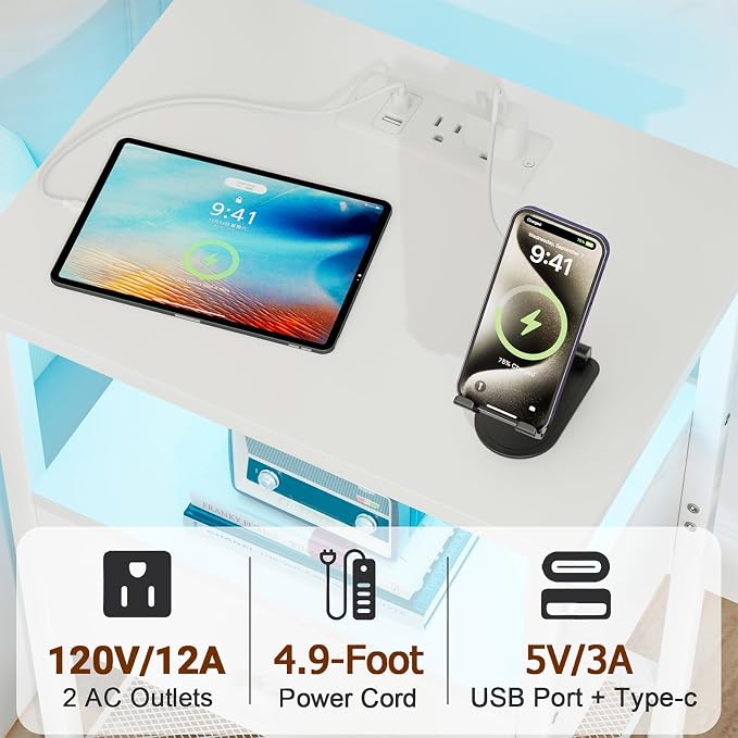 LOAKEKEL LED Night Stand with Charging Station, Small Bedside Table with USB - Image 5