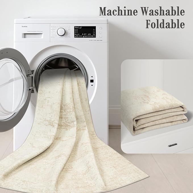 5x8 Area Rug Living Room: Modern Washable Indoor Soft Carpet Beige | - Image 8