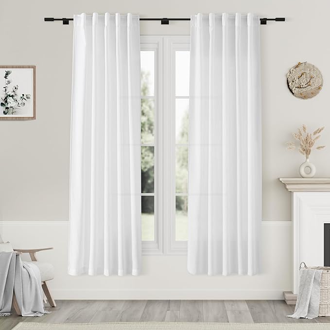 White Linen Curtains 70 Inches Long 2 Panels Set Back Tab Rod Pocket Light by Nanspring