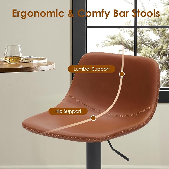 Adjustable Bar Stools Set of 2, Mid Century Modern Swivel Bar Stools, - Image 5
