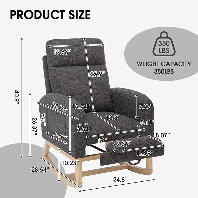 NIOIIKIT Modern Nursery Rocking Chair, Teddy Upholstered Rocking Chair - Image 2