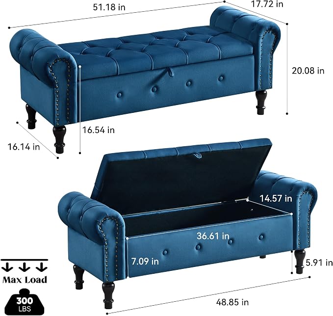 Storage Bench for Bedroom, Velvet 51" End of Bed Bench, Queen Size Bench - Image 2