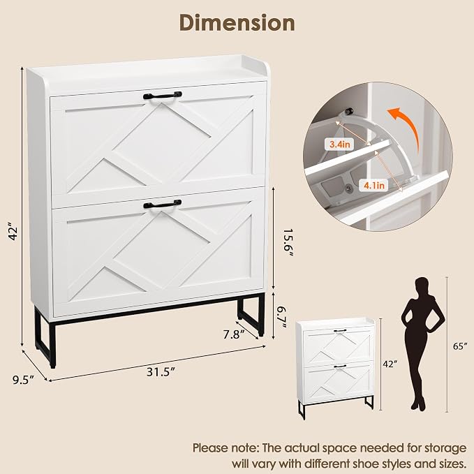 Nicetree Shoe Cabinet with 2 Flip Drawers, Freestanding Shoe Organizer - Image 2