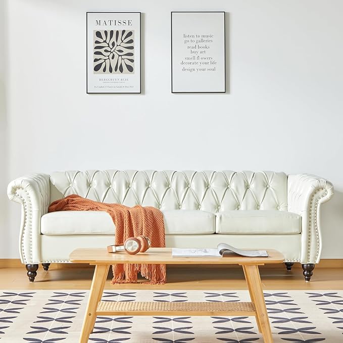 Mid-Century 3 Seater Sofa, Faux Leather Couch by YUCHIATHSoulFurniture