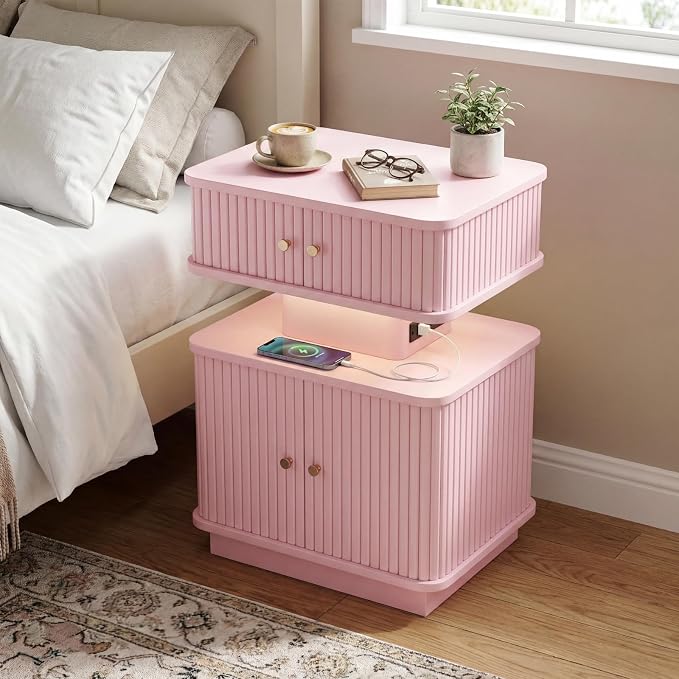 Nightstand with Charging Station, Modern Night Stand with Smart Led Light and 2 - Image 4