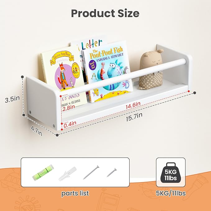 upsimples 2 Pack Nursery Book Shelves, 15.7 Inch Floating Bookshelves - Image 3
