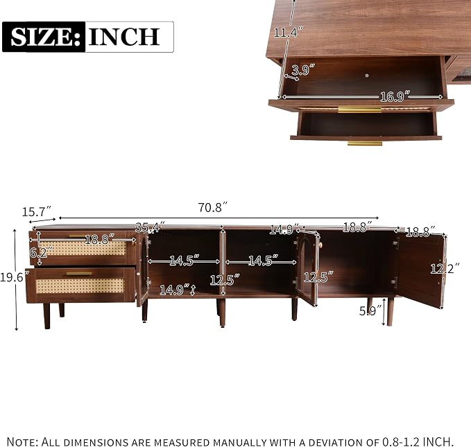 Merax Rattan TV Stand with LED Lights, Solid Wood Feet, Living Room, Bedroom - Image 2