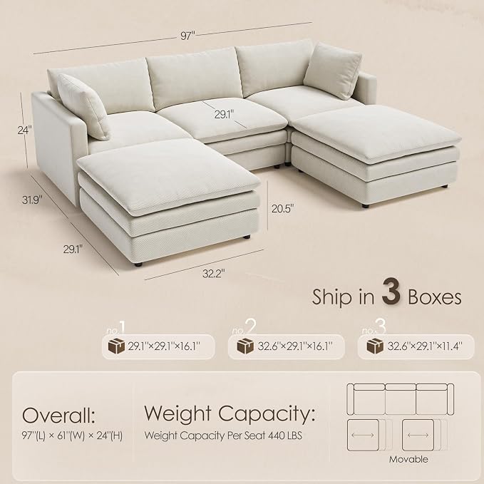 97" Cloud Couches for Living Room, 29.1" Deep Seat Modular Sectional Sofa - Image 2