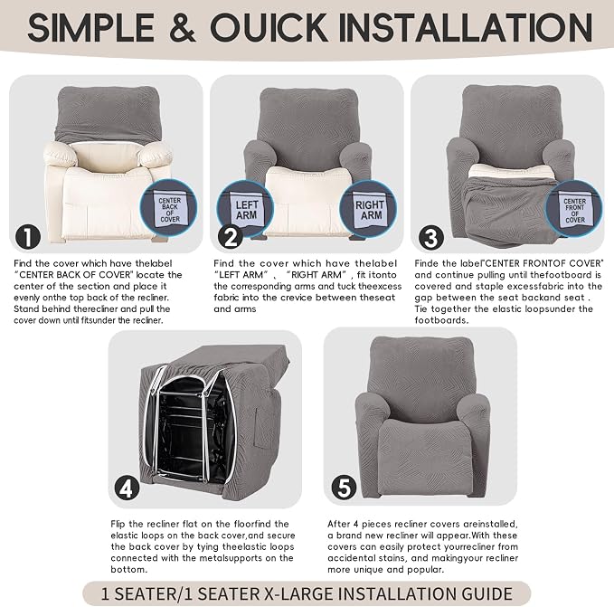 Recliner Chair Covers, 4-Piece Stretch Geometric Strokes Jacquard Reclining - Image 8