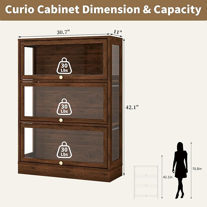 Display Cabinet with Acrylic Glass Doors, 3-Tiers Curio Cabinet with LED - Image 2