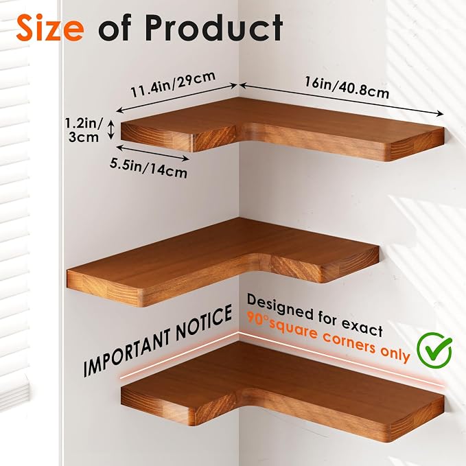 Fixwal Corner Floating Shelves for Wall Mounted Natural Solid Wood 16"x11.4" - Image 2