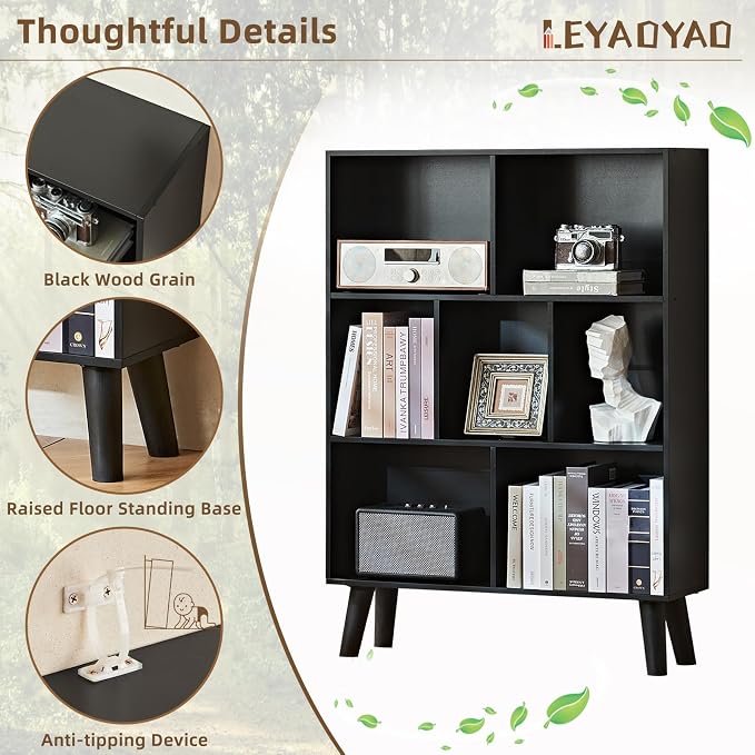 LEYAOYAO 7 Cube Black Bookshelf, 3 Tier Modern Bookcase - Image 6