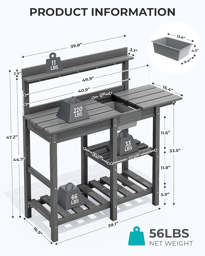 SERWALL Outdoor Potting Bench 2-Piece Set, Rot-Resistant HDPE Potting Table - Image 3