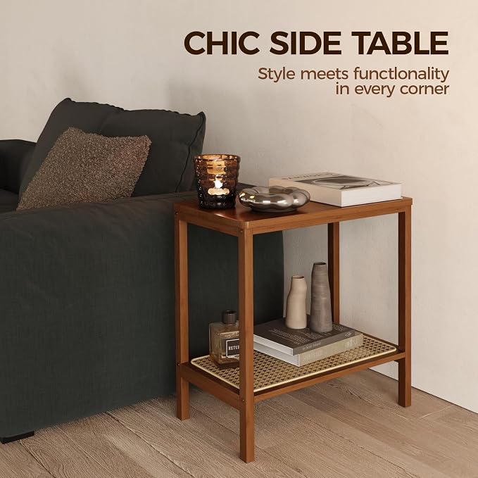 Rattan Side Table Mid Century Modern End Table Living Room 2-Tier End Table - Image 5