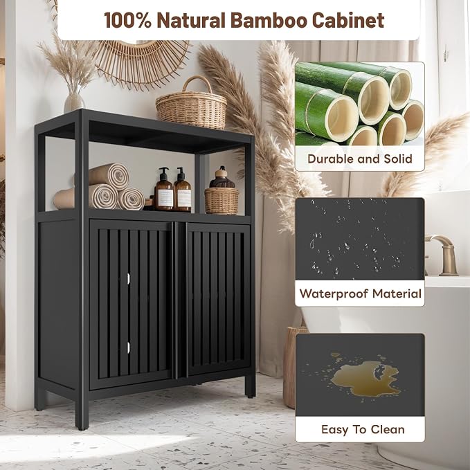 Bamboo Storage Cabinet Bathroom Floor Cabinet Side Storage Organizer Cabinet - Image 4