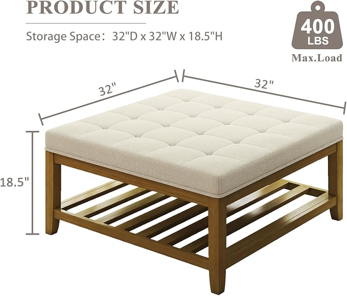 Befurtori Large Square Ottoman Coffee Table, Linen Solid Upholstered Footrest - Image 2