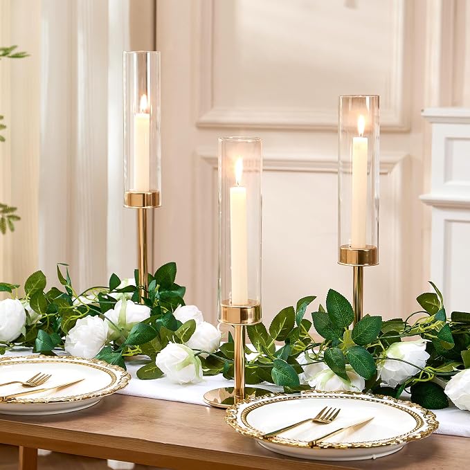 Gold Hurricane Candle Holders Set of 6, Tall Metal Windproof Glass Taper Candle - Image 4
