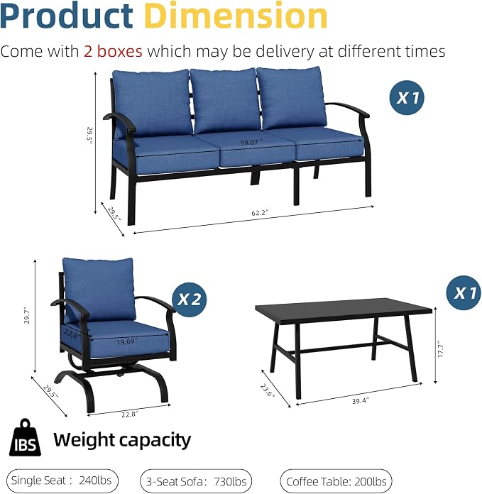 ALAULM 4 Piece Patio Furniture Set, Outdoor Metal Patio Furniture - Image 3