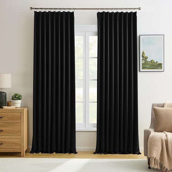 60 Inch Wide Black Pinch Pleated Curtains 60 x 105, Thermal Insulated Noise by KEQIAOSUOCAI