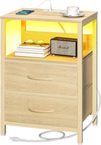 Yoobure Nightstand with Charging Station, LED Night Stand with Fabric Drawers by Yoobure