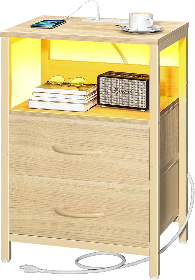 Yoobure Nightstand with Charging Station, LED Night Stand with Fabric Drawers by Yoobure