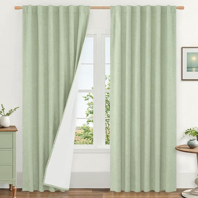 Light Green 100% Blackout Linen Curtains by LAMIT
