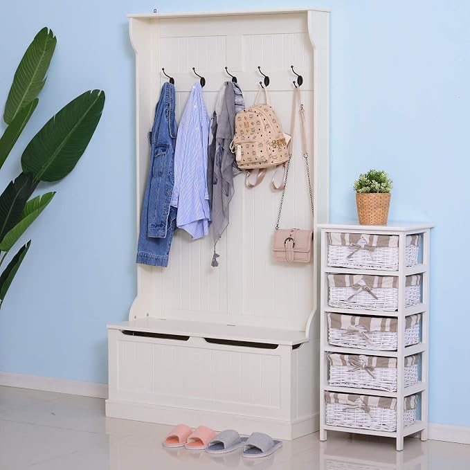 HOMCOM Hall Tree with Bench and Shoe Storage, 3-in-1 Entryway Bench with Coat - Image 2