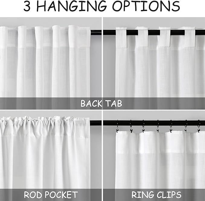 White Semi Sheer Linen Curtains 58 Inch Length - Image 3