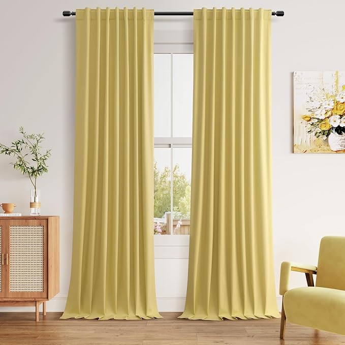 Yellow 100% Blackout Linen Curtains 84 Inch Length 2 Panels Set by Guken