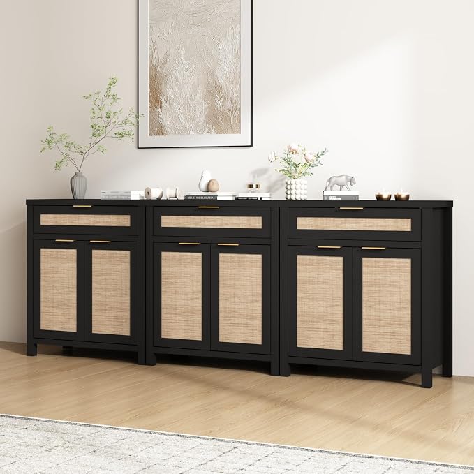 HOKYHOKY Rattan Sideboard Buffet Cabinet Set of 3, Boho Storage Cabinet by HOKYHOKY