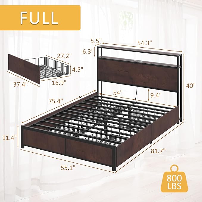 Lifezone Full Bed Frame with 2-Tier Storage Headboard, Metal Platform Bed Frame - Image 2