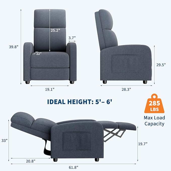 GarveeHome Linen Fabric Manual Recliner Chair, - Image 2