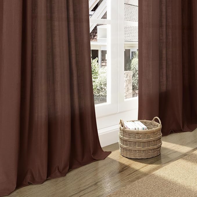 Rustic Brown Linen Curtains Semi Sheer 96 Inches Long 2 Panels Set - Image 6